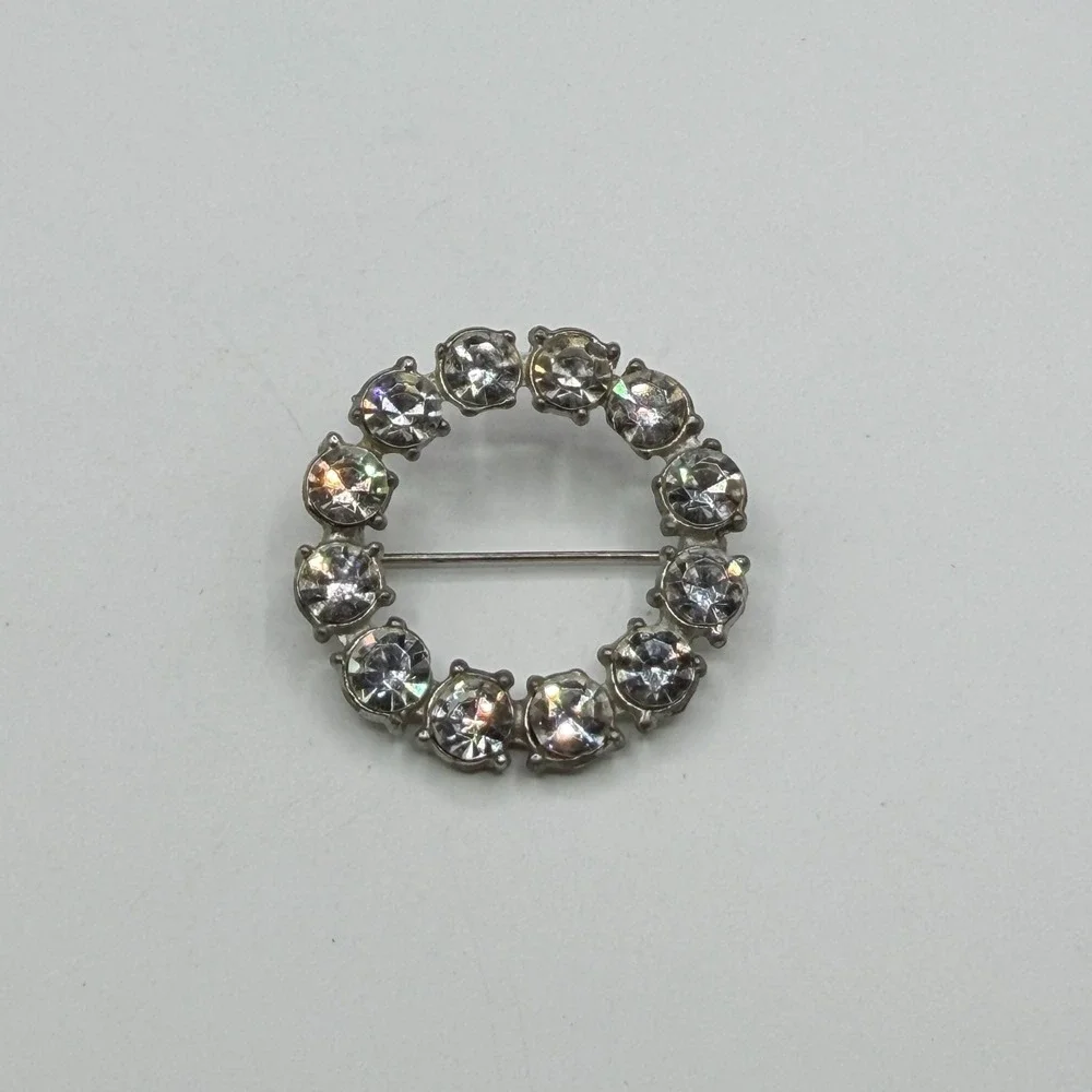 Clear Rhinestone Silver Tone Round Wreath Brooch Pin Bridal Statement Glam Gift